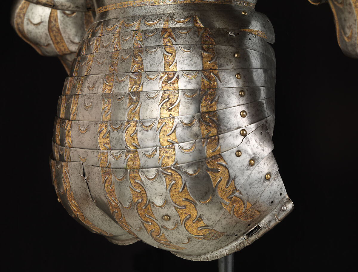 Backplate and Hoguine (Rump Defense) from a Costume Armor, Kolman Helmschmid (German, Augsburg 1471–1532), Steel, gold, German, Augsburg