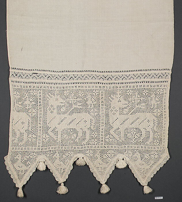 Towel, Drawnwork, bobbin lace, linen, Spanish 
