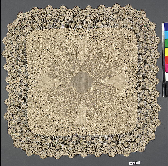 Handkerchief, Cotton on linen, bobbin lace, Belgian 