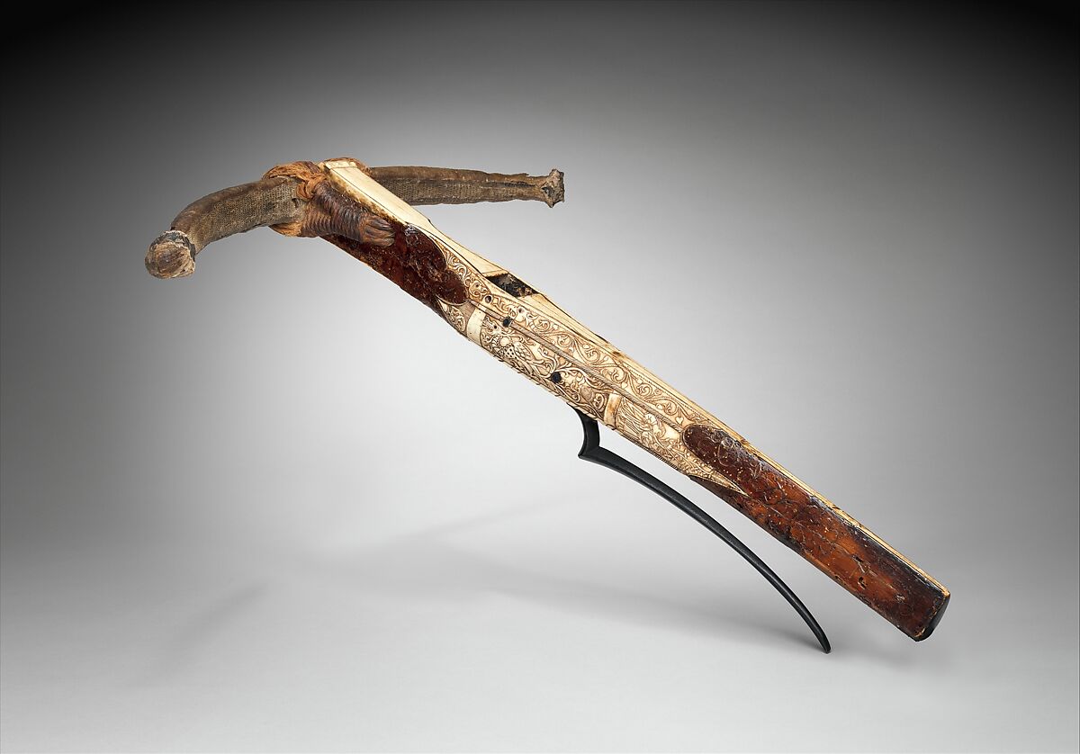 Crossbow of Matthias Corvinus, King of Hungary (reigned 1458–1490), Wood, horn, animal sinew, staghorn, birch bark, iron alloy, Central or Eastern European, possibly Vienna