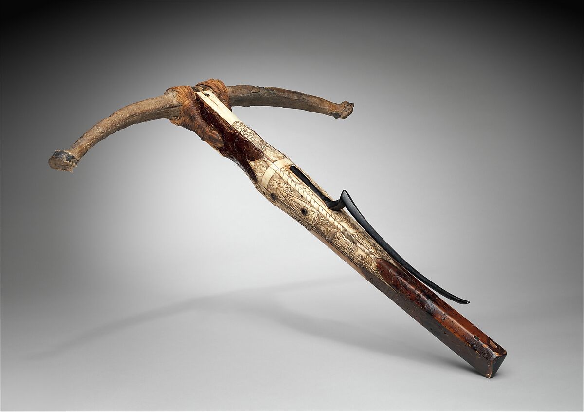 Crossbow of Matthias Corvinus, King of Hungary (reigned 1458–1490), Wood, horn, animal sinew, staghorn, birch bark, iron alloy, Central or Eastern European, possibly Vienna