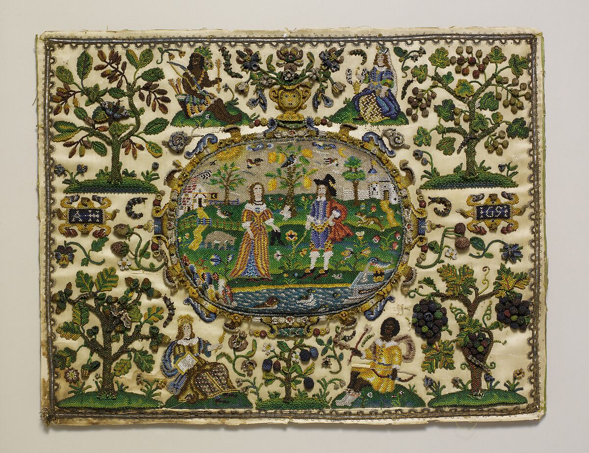 Lady and cavalier surrounded by the four continents, Satin with beadwork of opaque and translucent glass beads; silk thread, British 