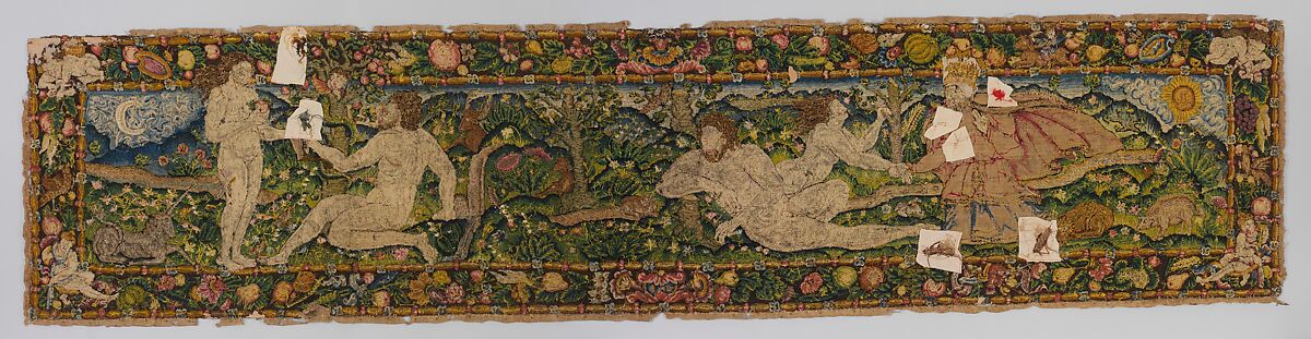 The Creation of Eve and The Temptation (one of a set of three), Canvas worked with wool, silk, and metal thread; chain, split, tent, and straight stitches; applique of woven silk textiles; metal thread braid, Scottish or English