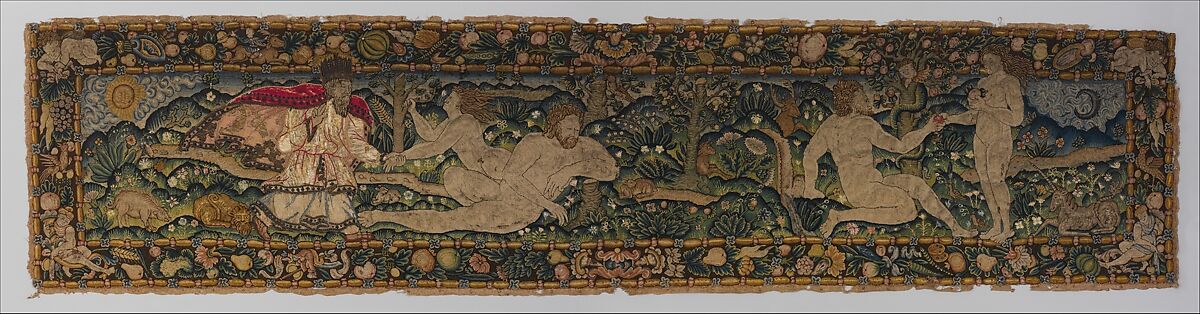 The Creation of Eve and The Temptation (one of a set of three), Canvas worked with wool, silk, and metal thread; chain, split, tent, and straight stitches; applique of woven silk textiles; metal thread braid, Scottish or English 