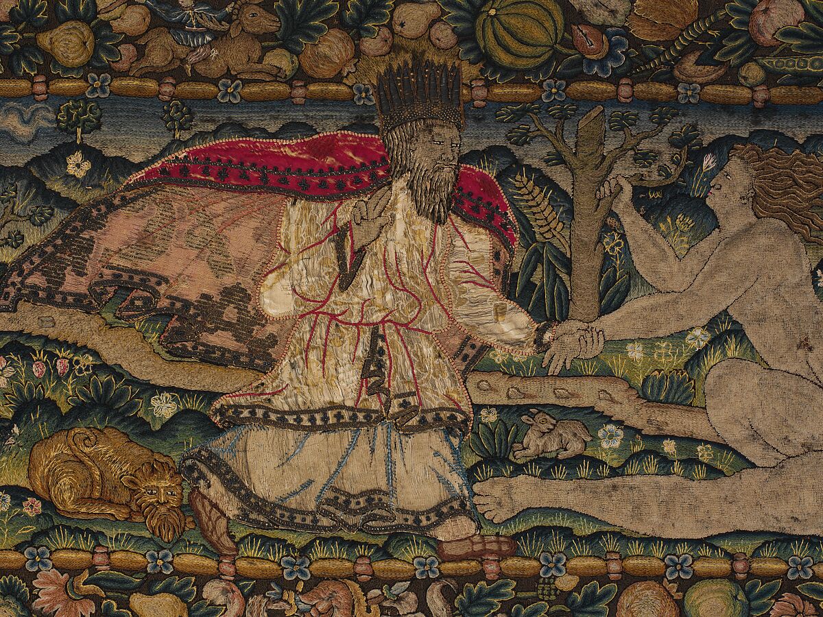 The Creation of Eve and The Temptation (one of a set of three), Canvas worked with wool, silk, and metal thread; chain, split, tent, and straight stitches; applique of woven silk textiles; metal thread braid, Scottish or English