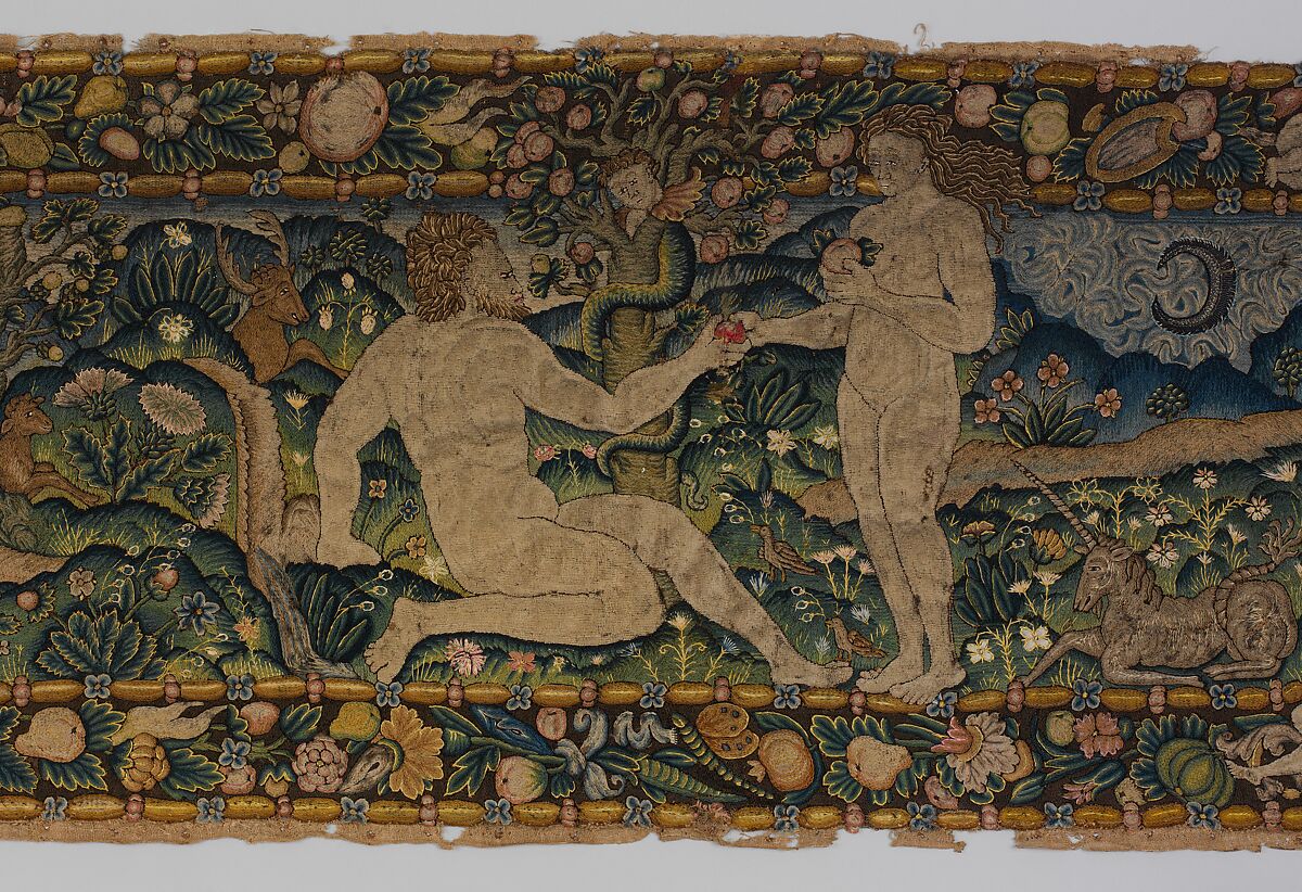 The Creation of Eve and The Temptation (one of a set of three), Canvas worked with wool, silk, and metal thread; chain, split, tent, and straight stitches; applique of woven silk textiles; metal thread braid, Scottish or English