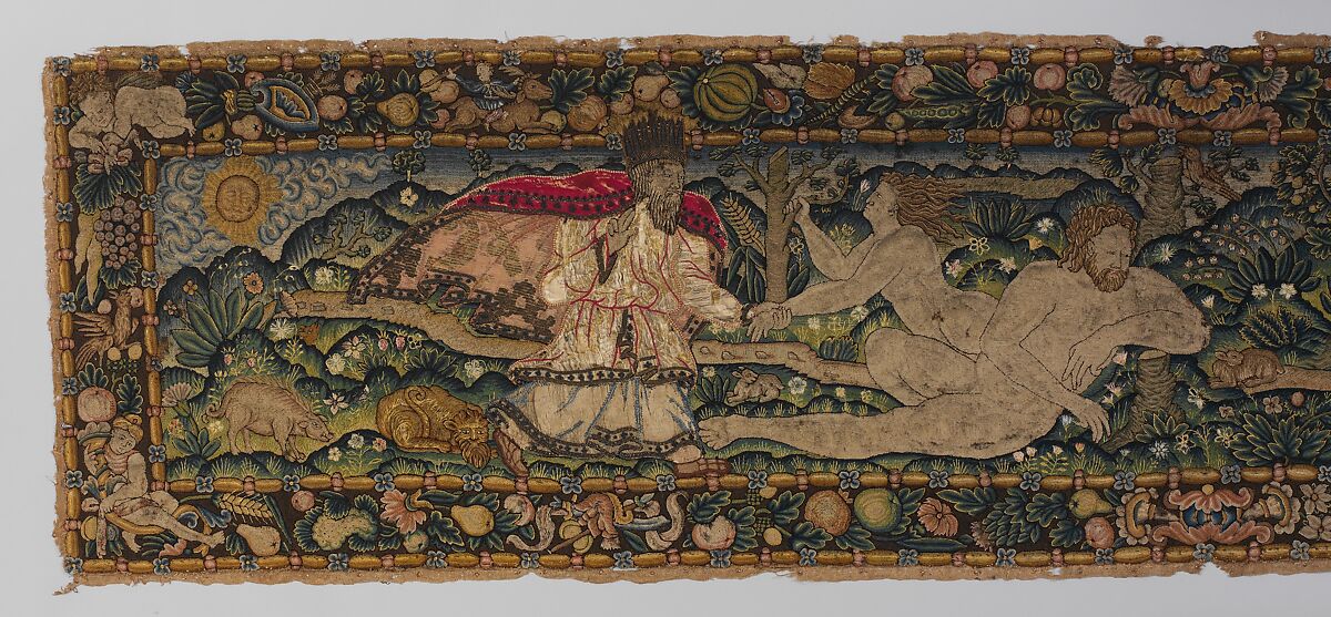 The Creation of Eve and The Temptation (one of a set of three), Canvas worked with wool, silk, and metal thread; chain, split, tent, and straight stitches; applique of woven silk textiles; metal thread braid, Scottish or English