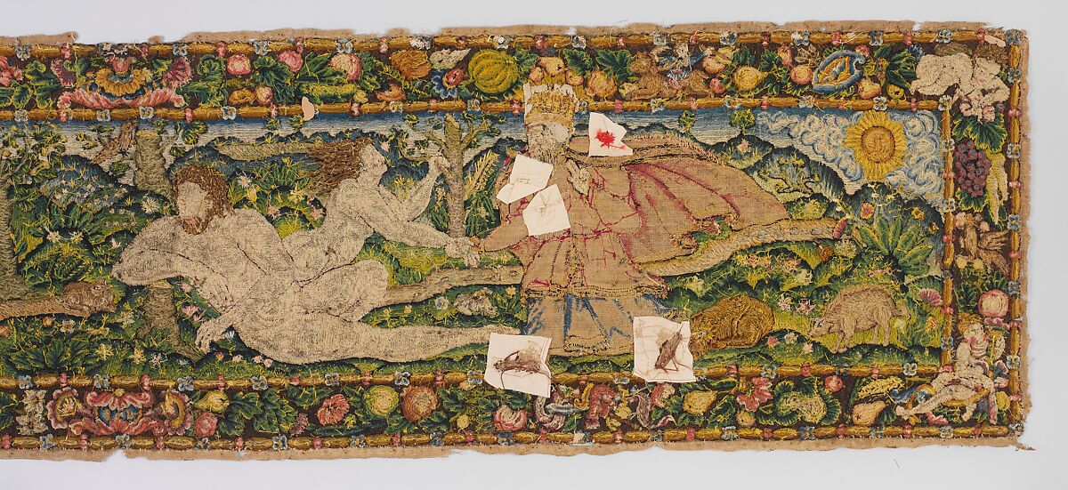 The Creation of Eve and The Temptation (one of a set of three), Canvas worked with wool, silk, and metal thread; chain, split, tent, and straight stitches; applique of woven silk textiles; metal thread braid, Scottish or English