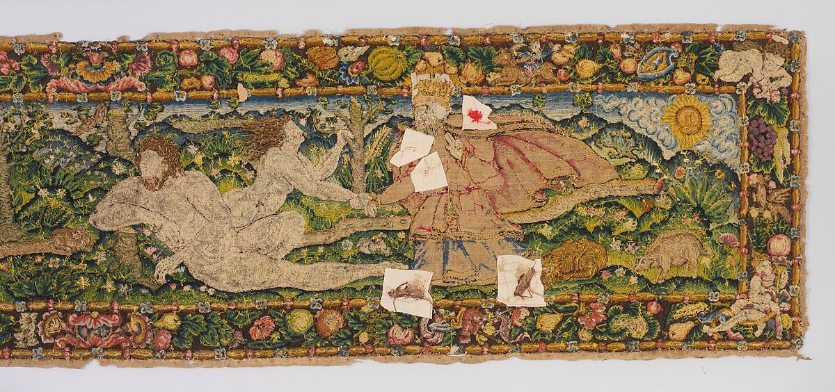 The Creation of Eve and The Temptation (one of a set of three), Canvas worked with wool, silk, and metal thread; chain, split, tent, and straight stitches; applique of woven silk textiles; metal thread braid, Scottish or English