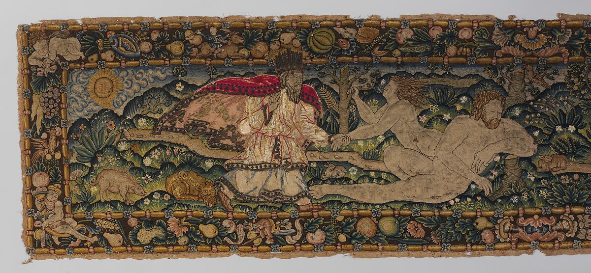 The Creation of Eve and The Temptation (one of a set of three), Canvas worked with wool, silk, and metal thread; chain, split, tent, and straight stitches; applique of woven silk textiles; metal thread braid, Scottish or English