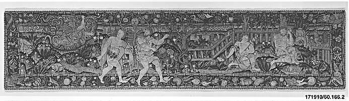 The Expulsion and Adam and Eve after the Fall (one of a set of three), Canvas worked with wool, silk, and metal thread; chain, split, tent, and straight stitches; applique of woven silk textiles; metal thread braid, Scottish or English