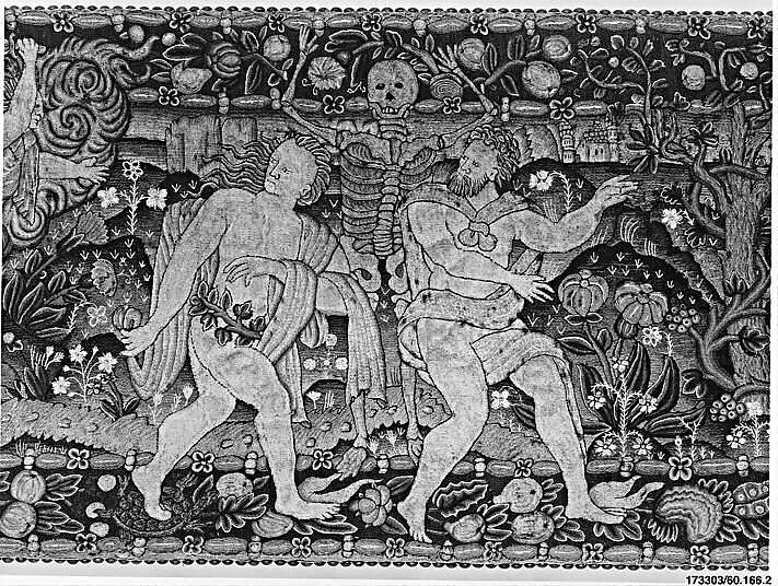 The Expulsion and Adam and Eve after the Fall (one of a set of three), Canvas worked with wool, silk, and metal thread; chain, split, tent, and straight stitches; applique of woven silk textiles; metal thread braid, Scottish or English