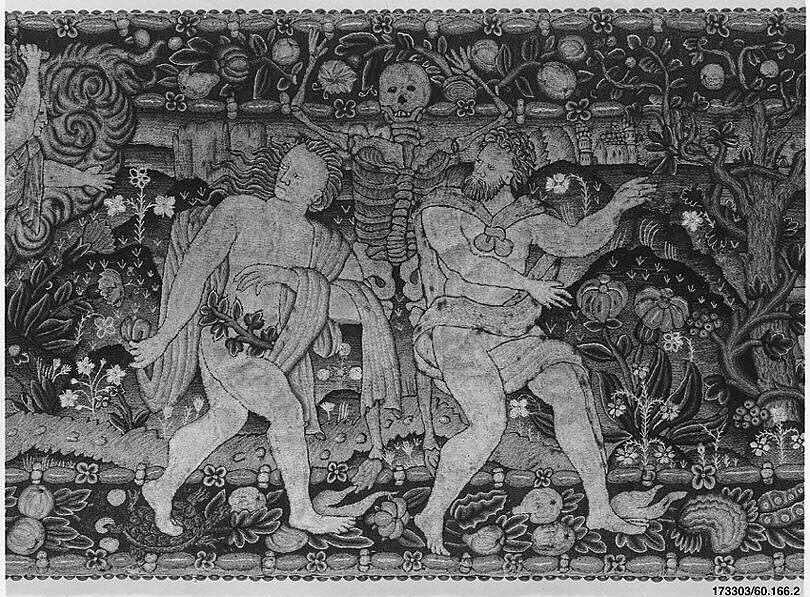 The Expulsion and Adam and Eve after the Fall (one of a set of three), Canvas worked with wool, silk, and metal thread; chain, split, tent, and straight stitches; applique of woven silk textiles; metal thread braid, Scottish or English