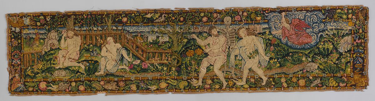 The Expulsion and Adam and Eve after the Fall (one of a set of three), Canvas worked with wool, silk, and metal thread; chain, split, tent, and straight stitches; applique of woven silk textiles; metal thread braid, Scottish or English