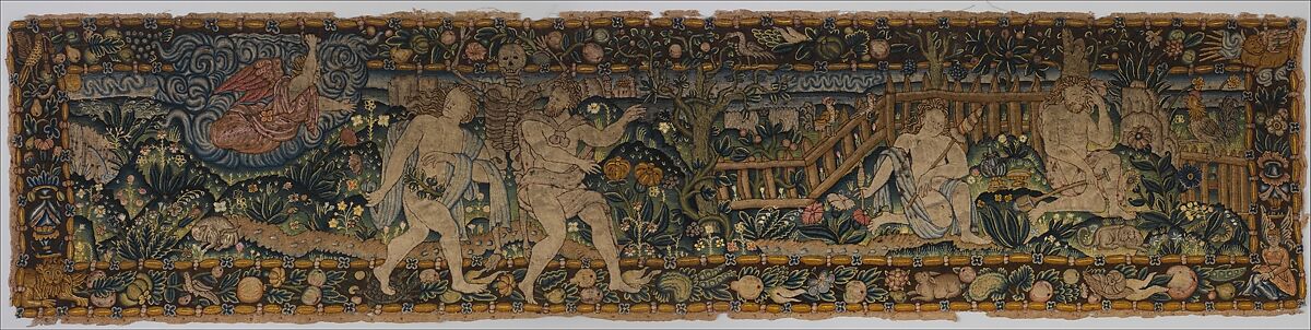 The Expulsion and Adam and Eve after the Fall (one of a set of three), Canvas worked with wool, silk, and metal thread; chain, split, tent, and straight stitches; applique of woven silk textiles; metal thread braid, Scottish or English 