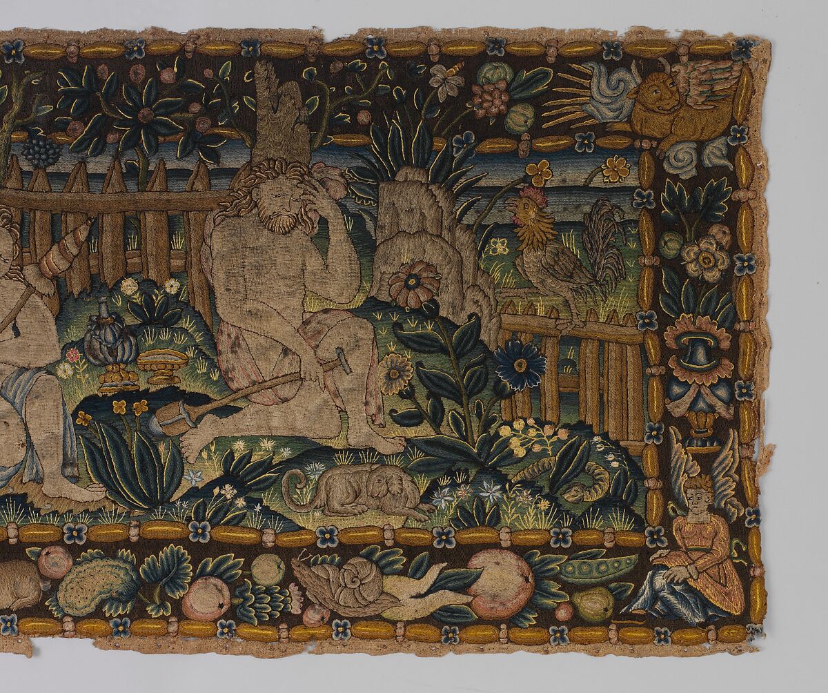 The Expulsion and Adam and Eve after the Fall (one of a set of three), Canvas worked with wool, silk, and metal thread; chain, split, tent, and straight stitches; applique of woven silk textiles; metal thread braid, Scottish or English
