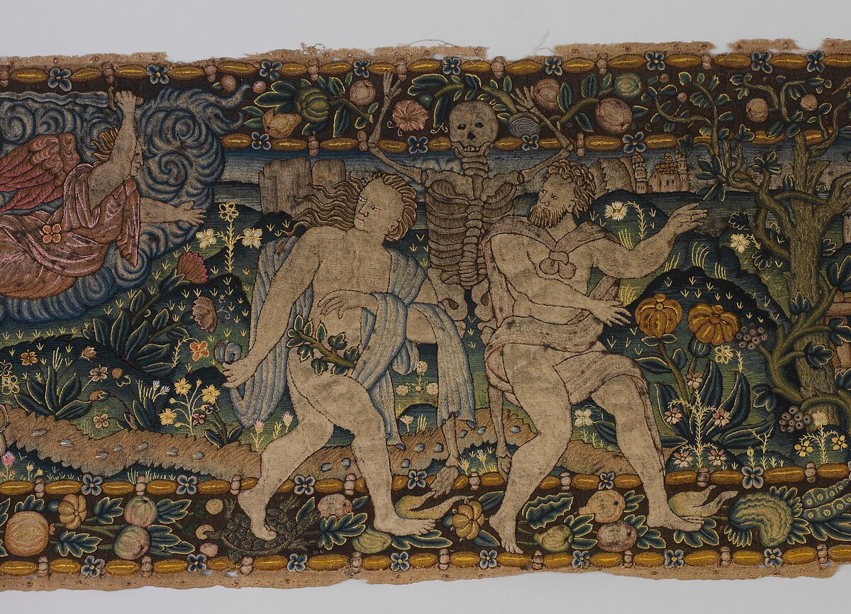 The Expulsion and Adam and Eve after the Fall (one of a set of three), Canvas worked with wool, silk, and metal thread; chain, split, tent, and straight stitches; applique of woven silk textiles; metal thread braid, Scottish or English