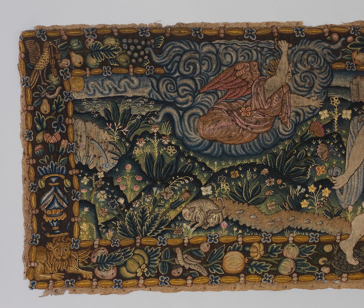 The Expulsion and Adam and Eve after the Fall (one of a set of three), Canvas worked with wool, silk, and metal thread; chain, split, tent, and straight stitches; applique of woven silk textiles; metal thread braid, Scottish or English