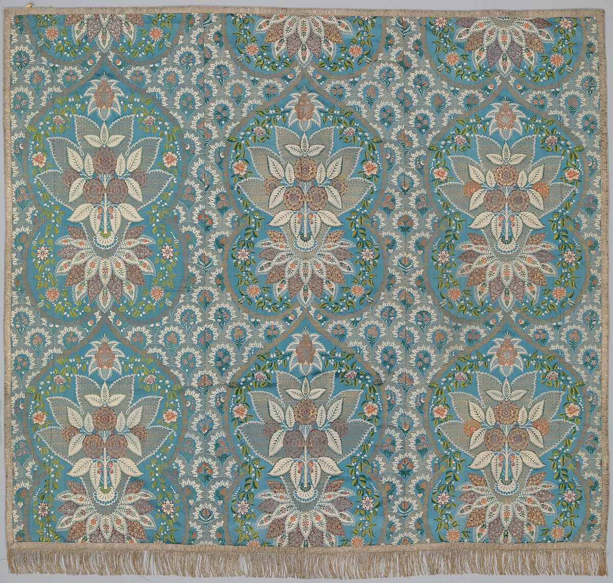 Panel of lace-patterned silk, Lampas, silk and metal thread, French 