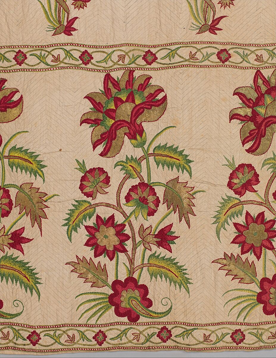 Skirt, Cotton with silk and metal thread, British