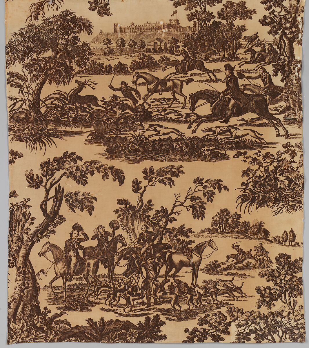 Copper plate printed cotton with King George III hunting in Windsor Park, J. Seymour , published London, 1779, Cotton, British