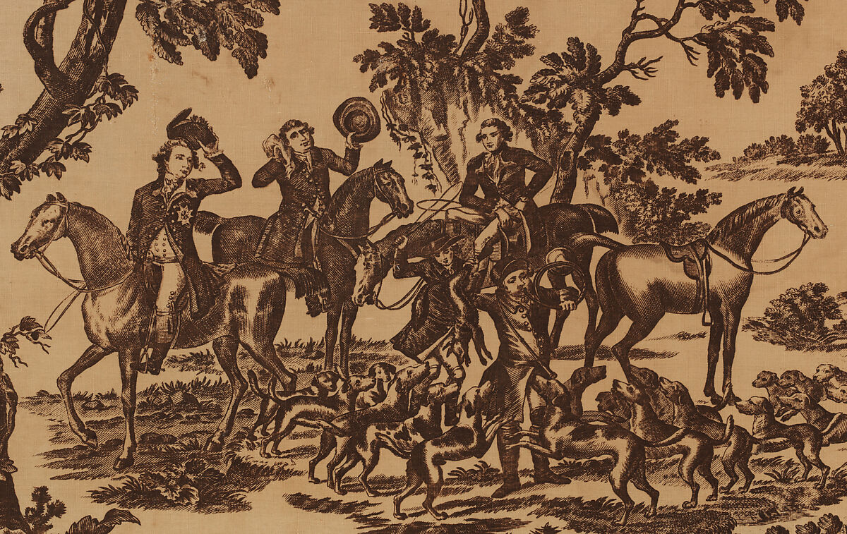 Copper plate printed cotton with King George III hunting in Windsor Park, After engravings by J. Seymour  , published London, 1779, Cotton, British