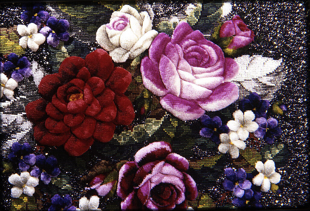 Cushion cover, Wool and glass beads on linen canvas, British