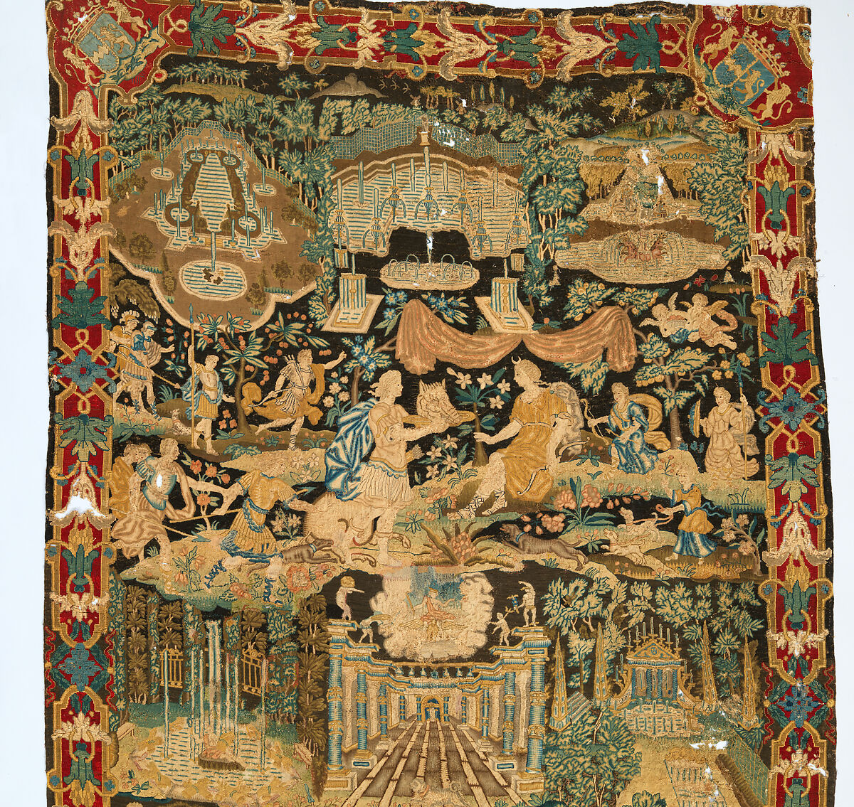 Atalanta and Meleager with Fountains of Versailles, Related to prints by Antonio Tempesta (Italian, Florence 1555–1630 Rome), Wool and silk on canvas (Center: 484-576 tent stitches per sq. inch, 90 per sq. cm. Border: 169 cross-stitches per sq. inch, 25 per sq. cm.), French