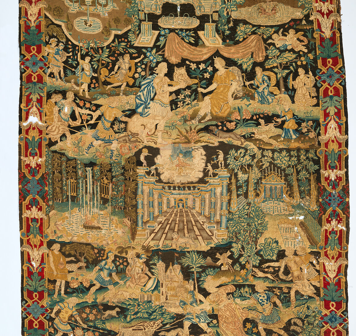 Atalanta and Meleager with Fountains of Versailles, Related to prints by Antonio Tempesta (Italian, Florence 1555–1630 Rome), Wool and silk on canvas (Center: 484-576 tent stitches per sq. inch, 90 per sq. cm. Border: 169 cross-stitches per sq. inch, 25 per sq. cm.), French