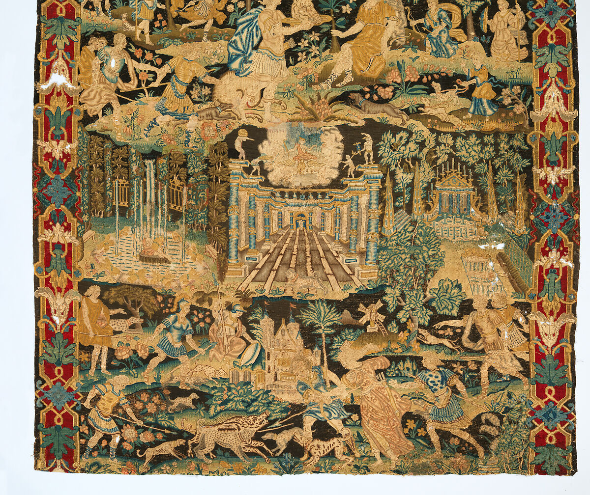 Atalanta and Meleager with Fountains of Versailles, Related to prints by Antonio Tempesta (Italian, Florence 1555–1630 Rome), Wool and silk on canvas (Center: 484-576 tent stitches per sq. inch, 90 per sq. cm. Border: 169 cross-stitches per sq. inch, 25 per sq. cm.), French