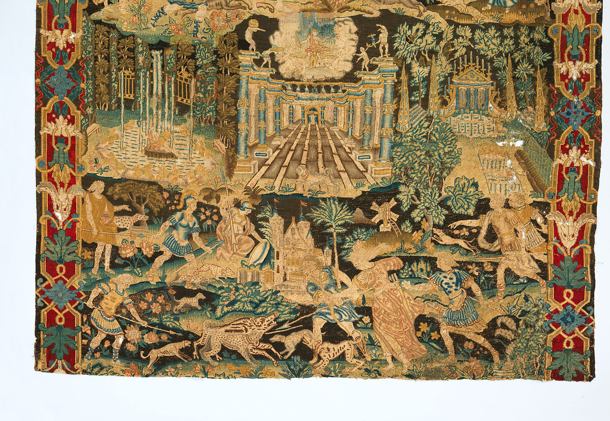 Atalanta and Meleager with Fountains of Versailles, Related to prints by Antonio Tempesta (Italian, Florence 1555–1630 Rome), Wool and silk on canvas (Center: 484-576 tent stitches per sq. inch, 90 per sq. cm. Border: 169 cross-stitches per sq. inch, 25 per sq. cm.), French