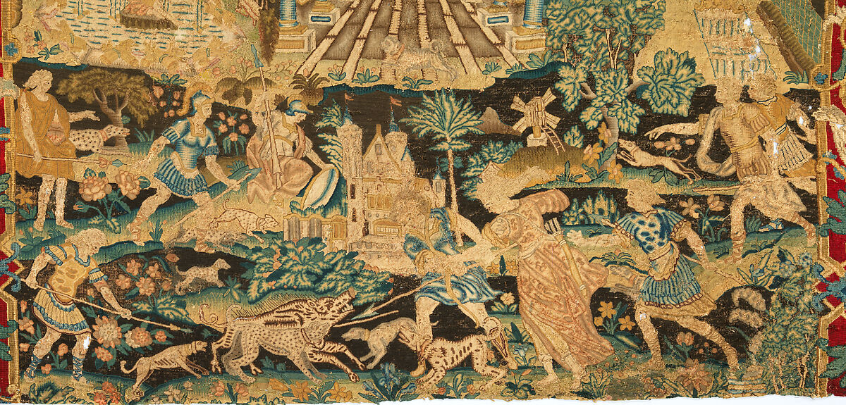 Atalanta and Meleager with Fountains of Versailles, Related to prints by Antonio Tempesta (Italian, Florence 1555–1630 Rome), Wool and silk on canvas (Center: 484-576 tent stitches per sq. inch, 90 per sq. cm. Border: 169 cross-stitches per sq. inch, 25 per sq. cm.), French