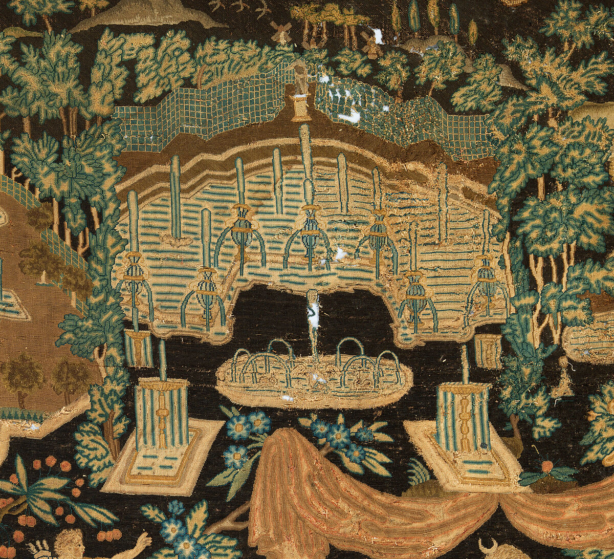 Atalanta and Meleager with Fountains of Versailles, Related to prints by Antonio Tempesta (Italian, Florence 1555–1630 Rome), Wool and silk on canvas (Center: 484-576 tent stitches per sq. inch, 90 per sq. cm. Border: 169 cross-stitches per sq. inch, 25 per sq. cm.), French