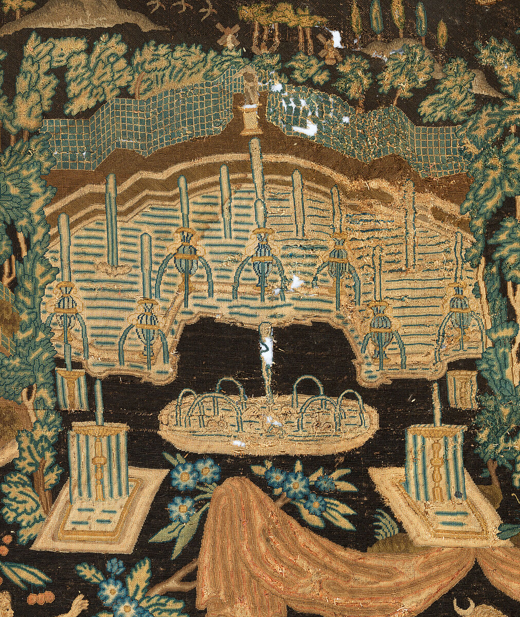 Atalanta and Meleager with Fountains of Versailles, Related to prints by Antonio Tempesta (Italian, Florence 1555–1630 Rome), Wool and silk on canvas (Center: 484-576 tent stitches per sq. inch, 90 per sq. cm. Border: 169 cross-stitches per sq. inch, 25 per sq. cm.), French