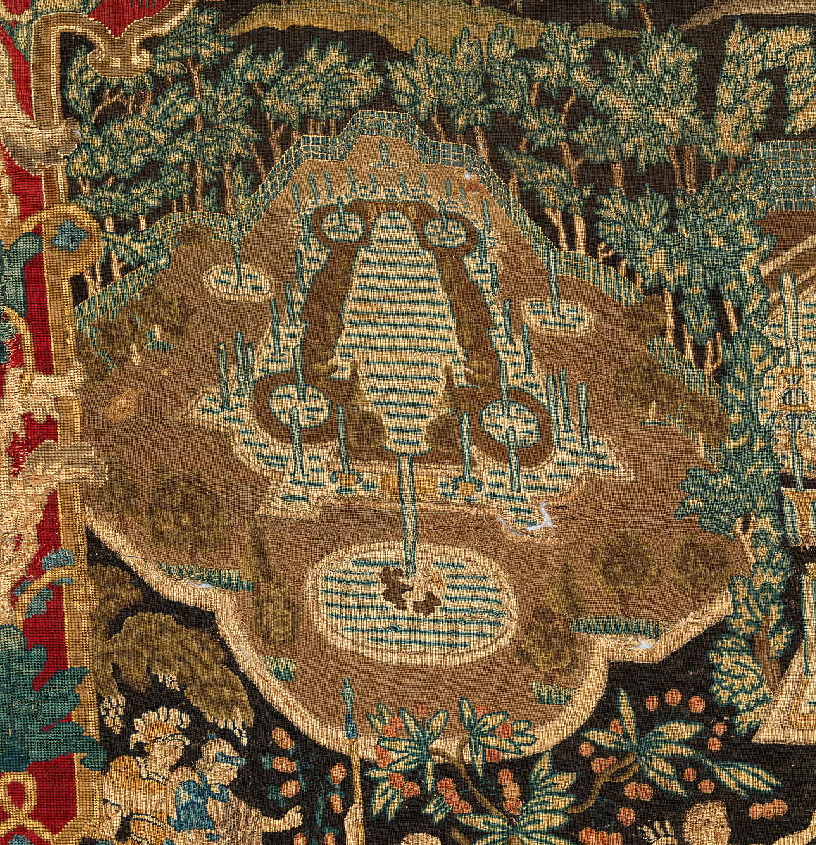 Atalanta and Meleager with Fountains of Versailles, Related to prints by Antonio Tempesta (Italian, Florence 1555–1630 Rome), Wool and silk on canvas (Center: 484-576 tent stitches per sq. inch, 90 per sq. cm. Border: 169 cross-stitches per sq. inch, 25 per sq. cm.), French