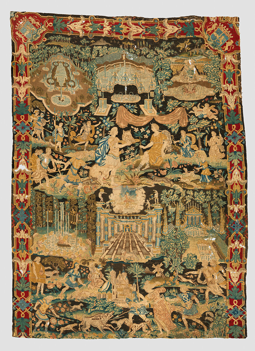Atalanta and Meleager with Fountains of Versailles, Related to prints by Antonio Tempesta (Italian, Florence 1555–1630 Rome), Wool and silk on canvas (Center: 484-576 tent stitches per sq. inch, 90 per sq. cm. Border: 169 cross-stitches per sq. inch, 25 per sq. cm.), French 