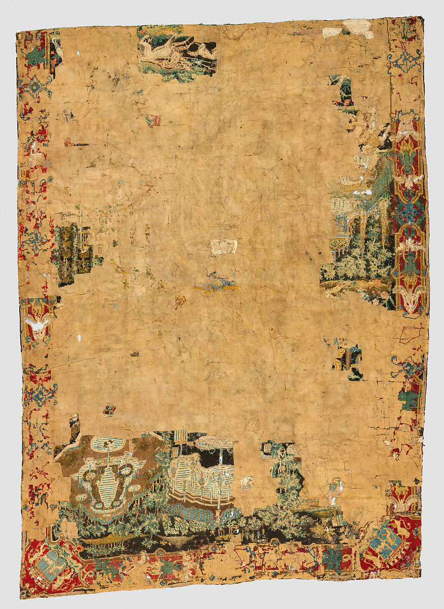 Atalanta and Meleager with Fountains of Versailles, Related to prints by Antonio Tempesta (Italian, Florence 1555–1630 Rome), Wool and silk on canvas (Center: 484-576 tent stitches per sq. inch, 90 per sq. cm. Border: 169 cross-stitches per sq. inch, 25 per sq. cm.), French