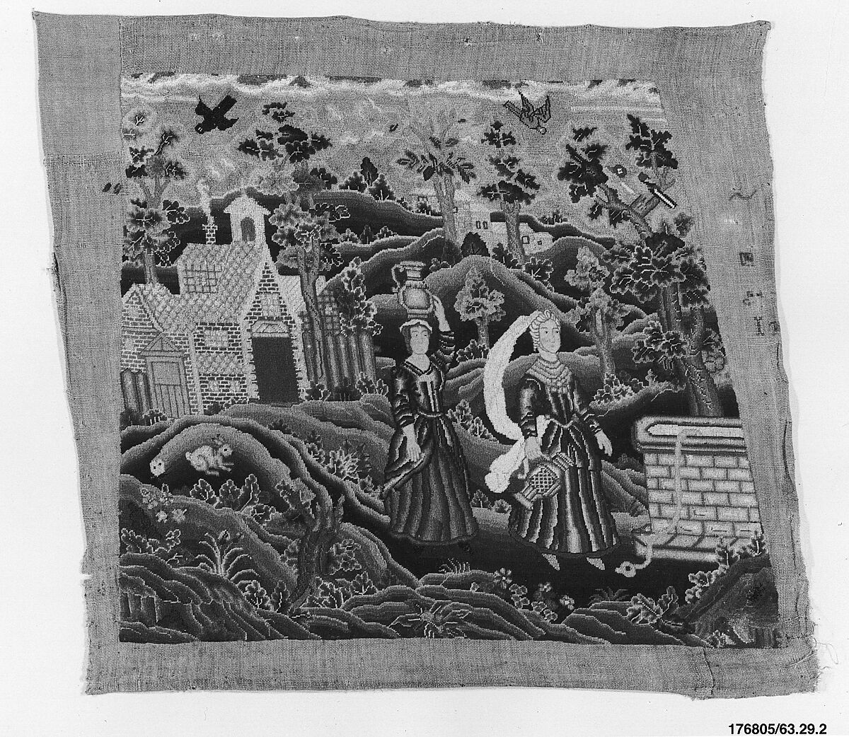 Six chair seat covers with the story of Rebecca, Silk and wool, British