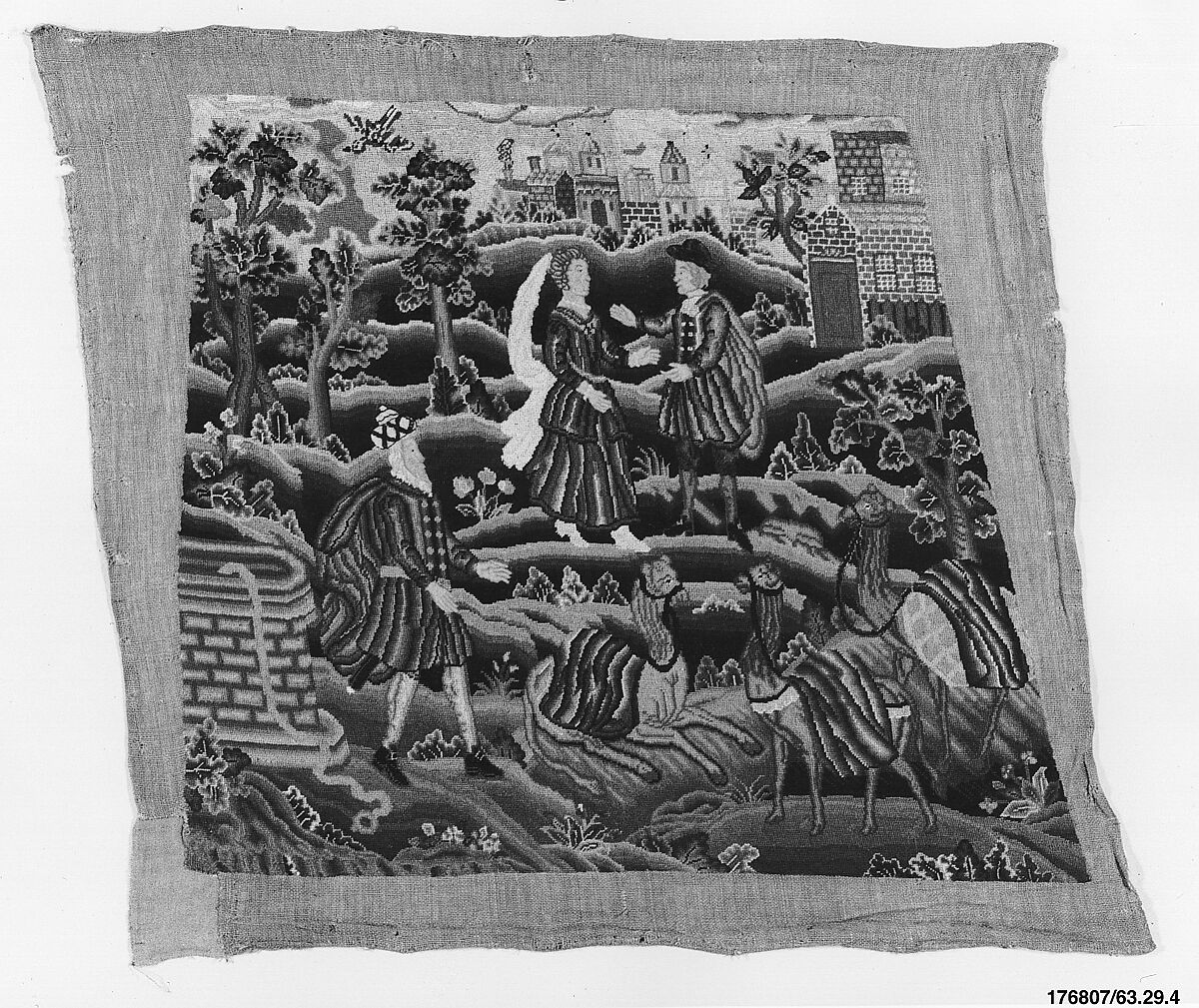 Six chair seat covers with the story of Rebecca, Silk and wool, British
