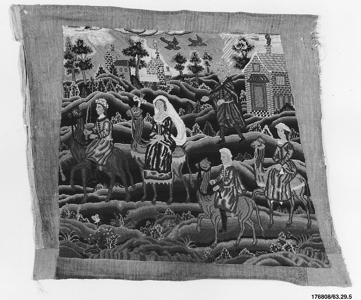 Six chair seat covers with the story of Rebecca, Silk and wool, British