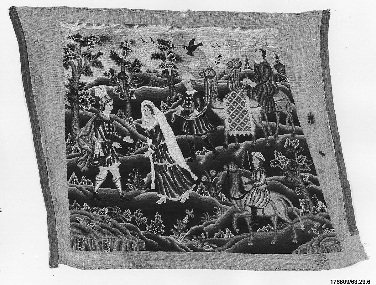 Six chair seat covers with the story of Rebecca, Silk and wool, British