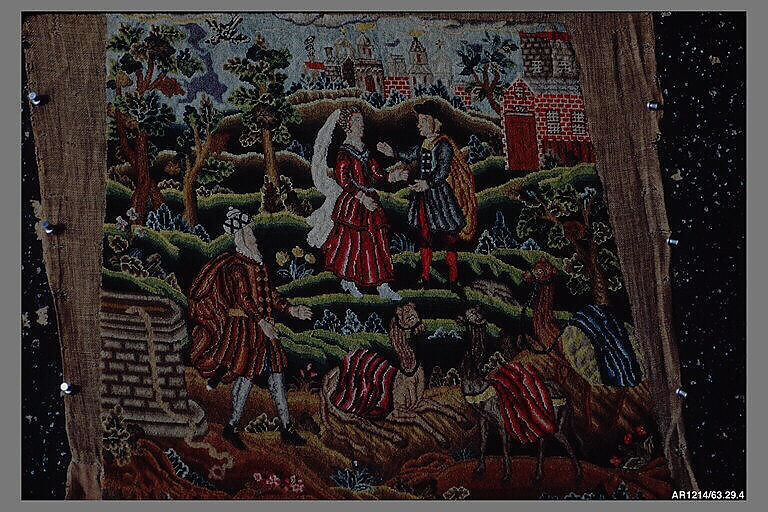 Six chair seat covers with the story of Rebecca, Silk and wool, British