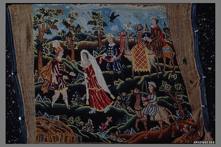 Six chair seat covers with the story of Rebecca, Silk and wool, British