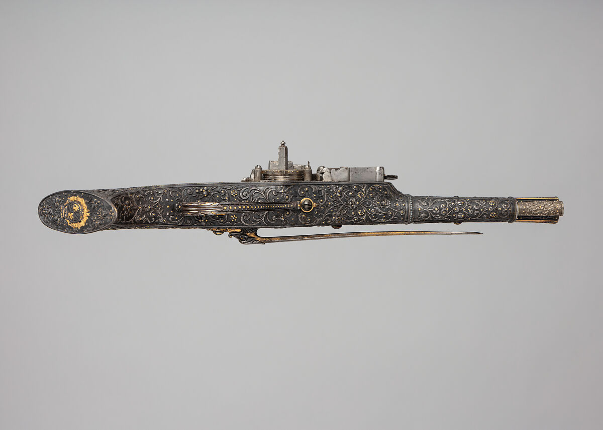 Wheellock Pistol Made for Maximilian I of Bavaria (1573–1651), Emanuel Sadeler (German, Munich, active 1594–1610), Steel, gold, German, Munich