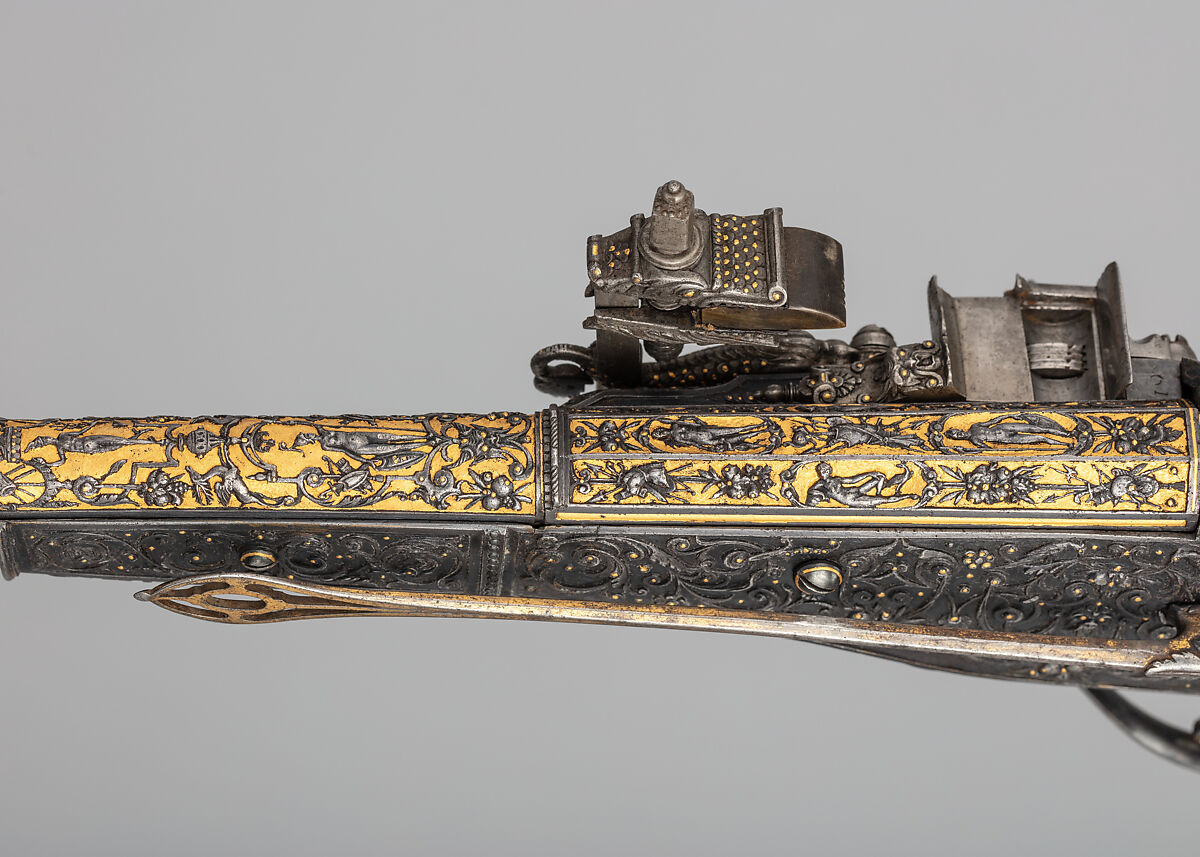 Wheellock Pistol Made for Maximilian I of Bavaria (1573–1651), Emanuel Sadeler (German, Munich, active 1594–1610), Steel, gold, German, Munich