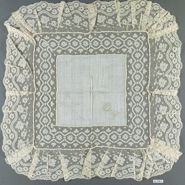 Handkerchief, Linen, bobbin lace, French 