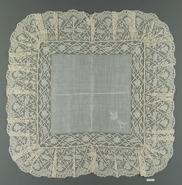 Handkerchief, Linen, bobbin lace, French 