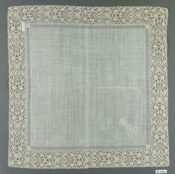 Handkerchief, Bobbin lace, Binche, drawnwork, linen, French 