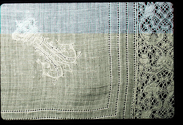 Handkerchief, Bobbin lace, Binche, drawnwork, linen, French