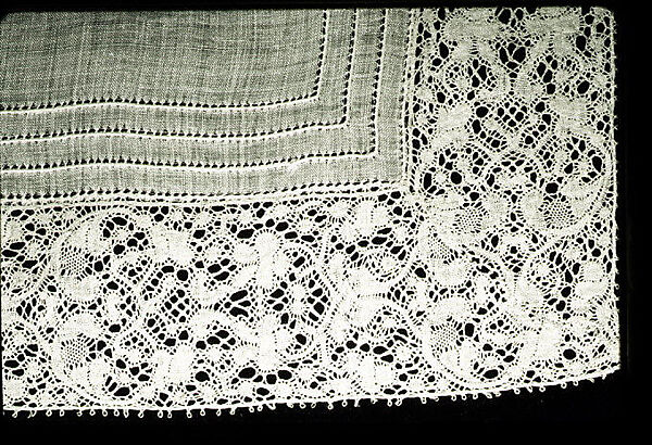 Handkerchief, Bobbin lace, Binche, drawnwork, linen, French 